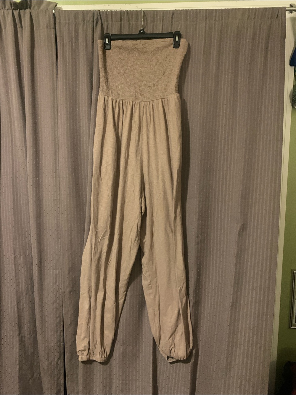 American Eagle Beige Strapless Smocked Jumpsuit with Elastic Cuffs Size Medium.